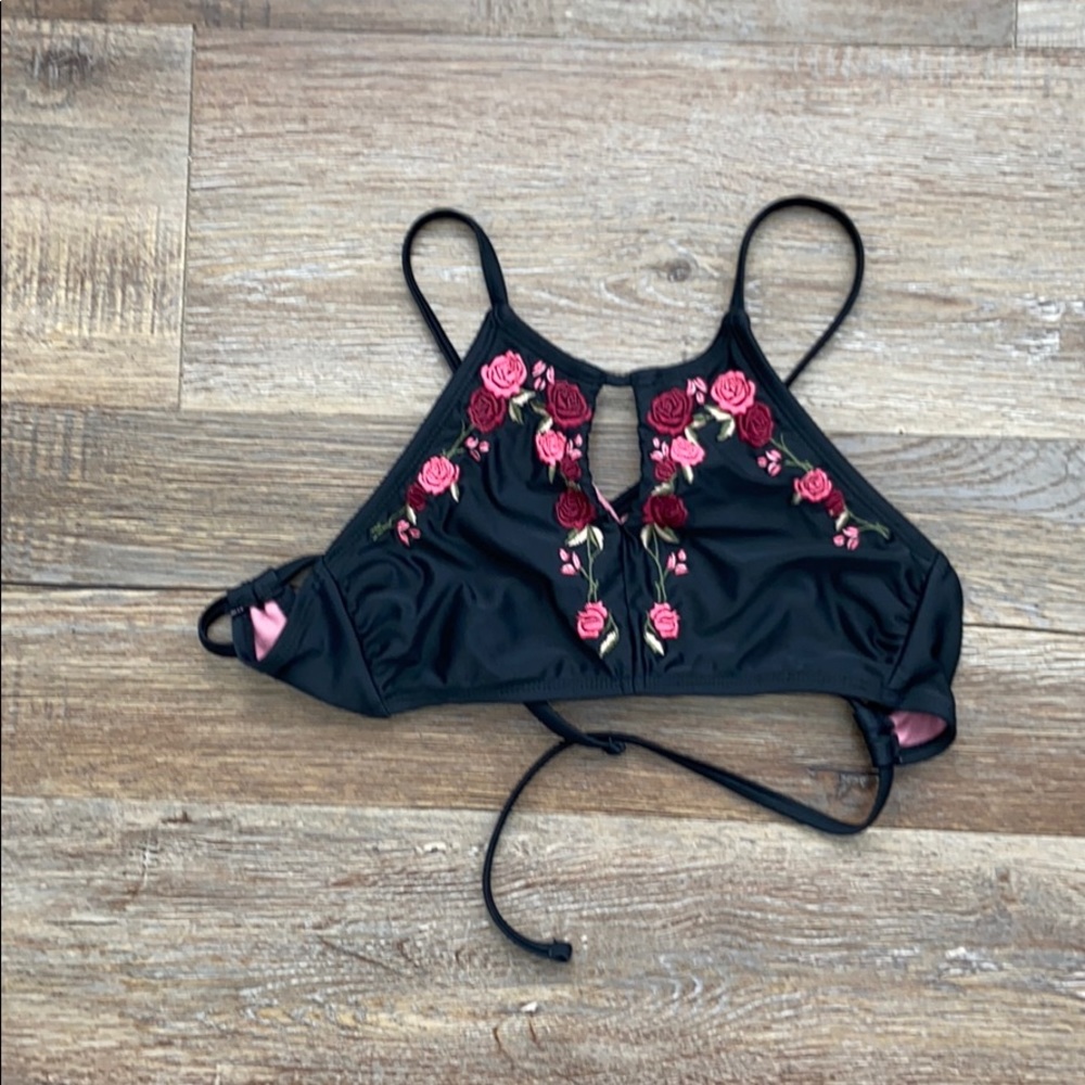 Black haltered rose bathing suit top (xs)